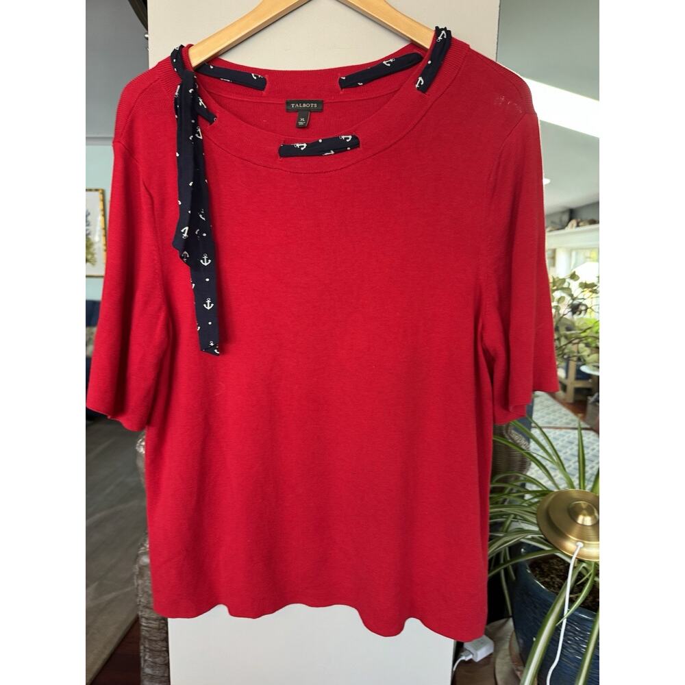 Talbots red‎ Sweater Nautical Neck Tie Sz XL Cotton Blend Classic Old Money